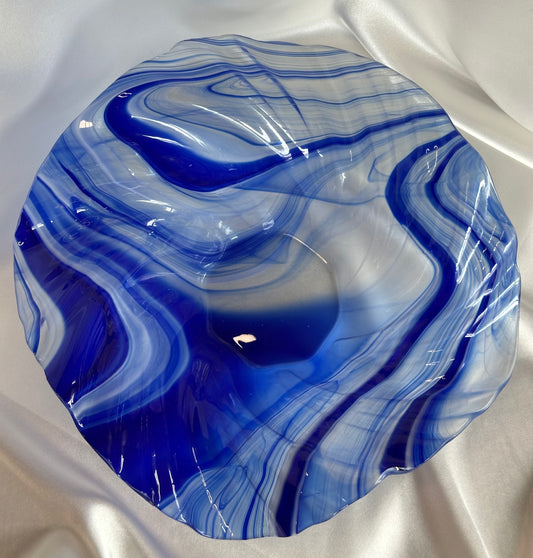 Fused Glass White, Cobalt Blue Clear Wavy Bowl Handmade Art Glass Catchall or Centerpiece, Vibrant Decorative Dish with Flowing Edges, Boho