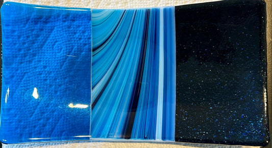 Turquoise Blue Sparkle & Swirl Fused Glass Plate, Handmade Decorative Dish, Unique Glass Art, Elegant Modern Decor, Gift for Her