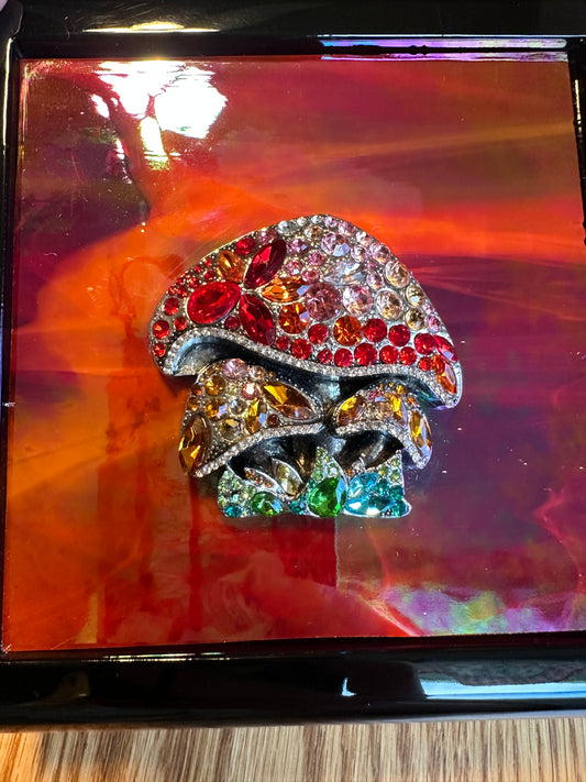 Handcrafted Black Enamel Wooden Box with Inlaid Red Fused Glass and Jeweled Mushrooms - Velvet lined Trinket or Jewelry Storage Box