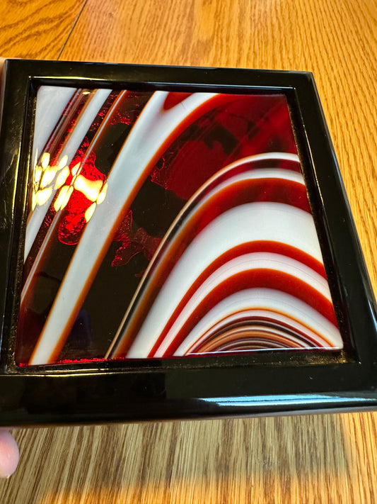 Handcrafted Black Enamel Wooden Box with Inlaid Red and White Fused Glass - Velvet lined Trinket or Jewelry Storage Box