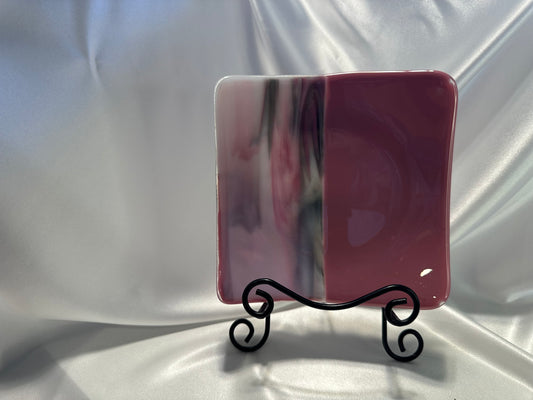 Fused Glass Platter Small Square glass plate in Pink White and Gray Handmade Modern Decorative Serving Dish or Tray