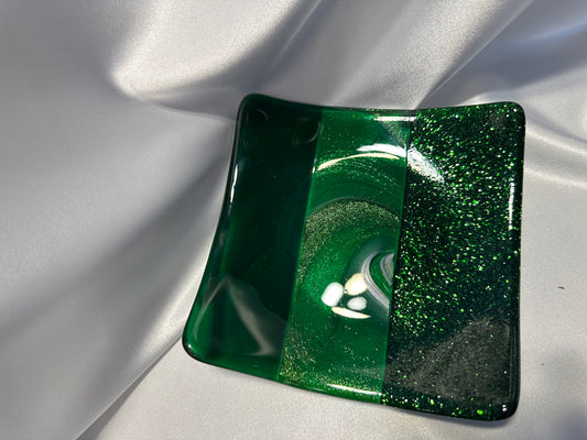 Green Sparkle Glass Plate Fused Glass Plate Centerpiece Decorative Emerald Green Glitter Plate for Dining Home Decor Housewarming Gift