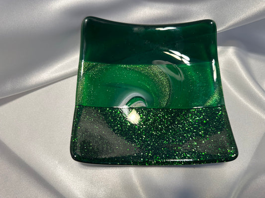 Green Sparkle Glass Plate Fused Glass Plate Centerpiece Decorative Emerald Green Glitter Plate for Dining Home Decor Housewarming Gift