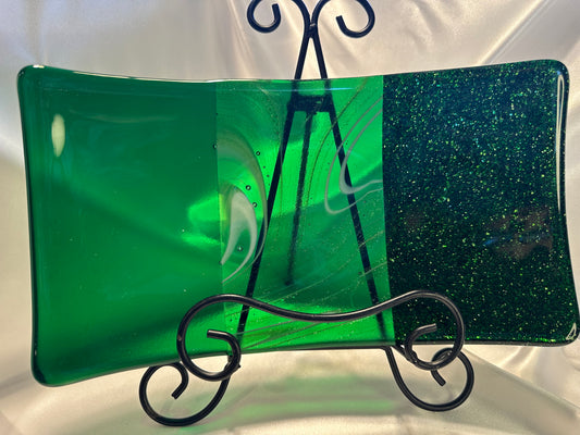 Green Sparkle Glass Plate Fused Glass Sushi Plate or Centerpiece Decorative Emerald Green Glitter tray for Dining or Home Deco Gift for Mom