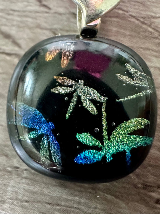 Shimmering Dragonflies Pendant with multicolored dichroic glass, iridescent glow, gold plated finding.Sparkles in the light, includes cord