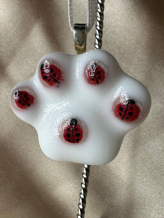 Handmade Fused Glass Paw Print Ornament with Ladybugs. A Unique Tribute to Pets Nature's Beauty Pet Parents Pet Mom Great Mother's Day Gift