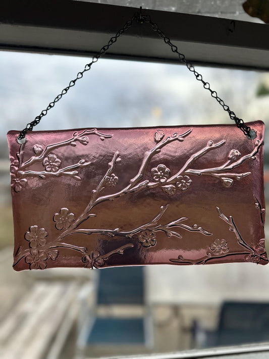 Cherry Blossom Window Art in Purple Glass, Nature Scene, Handmade Window Decor, Floral Suncatcher, Nature Decor, Purple Window, Floral Art
