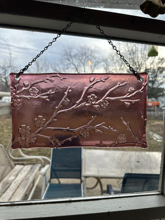 Cherry Blossom Window Art in Purple Glass, Nature Scene, Handmade Window Decor, Floral Suncatcher, Nature Decor, Purple Window, Floral Art