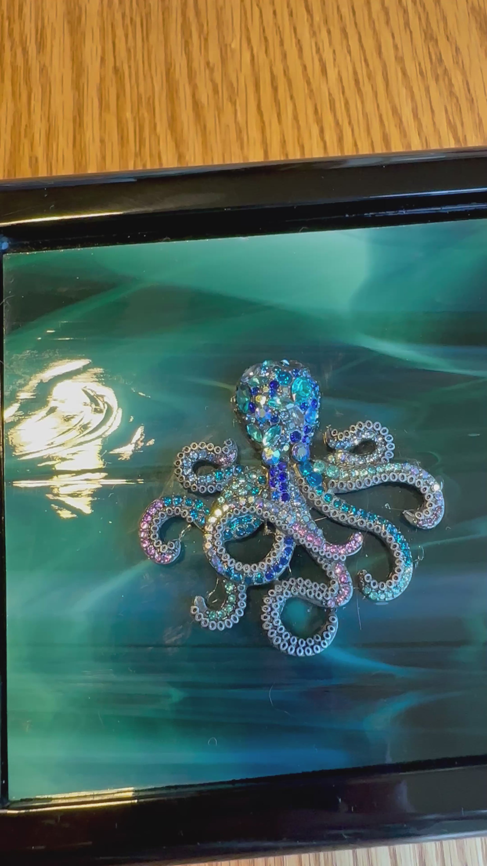 Handcrafted Black Enamel Wooden Box with Green Fused Glass and Sparkling Octopus Nautical Jewelry or Keepsake Storage Box