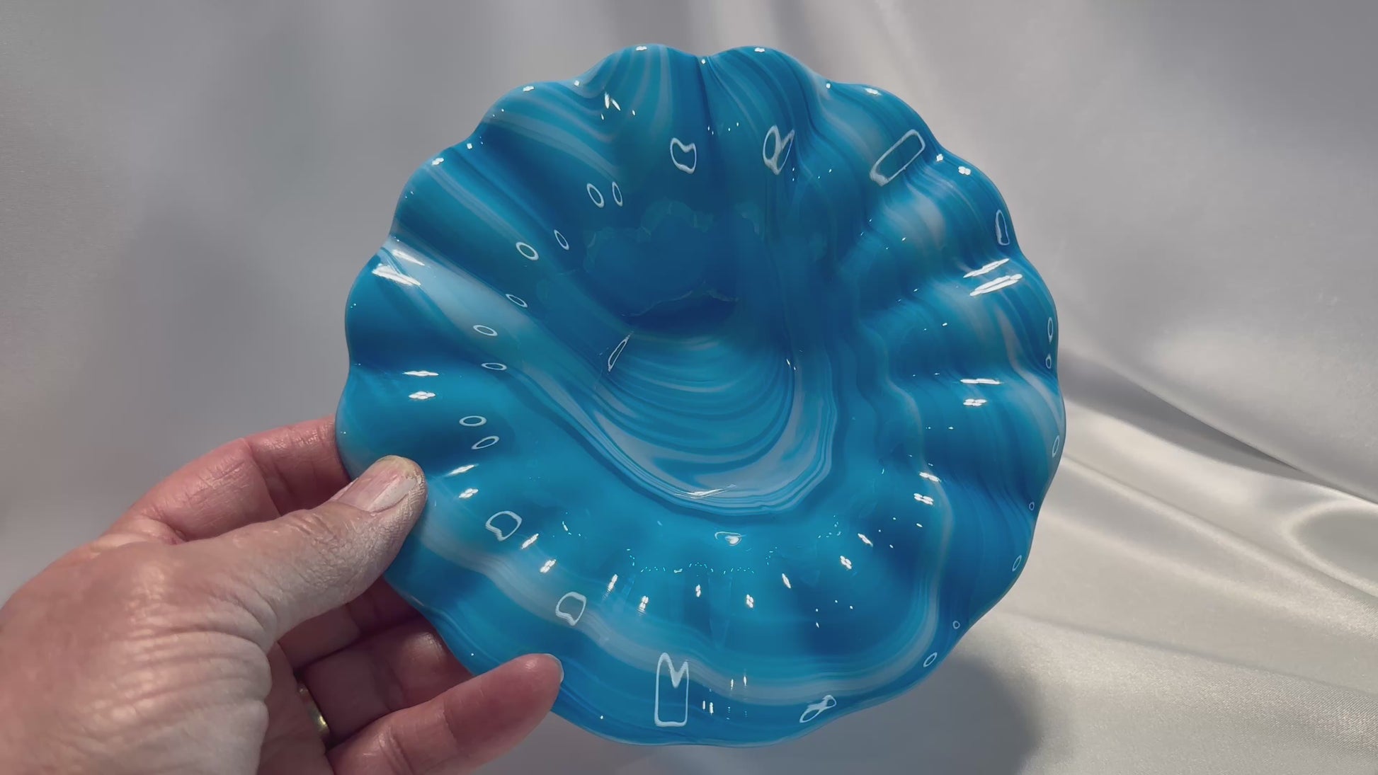 Handmade Blue Fused Glass Bowl Wavy Rippled Edge Art Glass Dish Ocean inspired decorative Centerpiece Bowl Gift for Mom Gift for Home