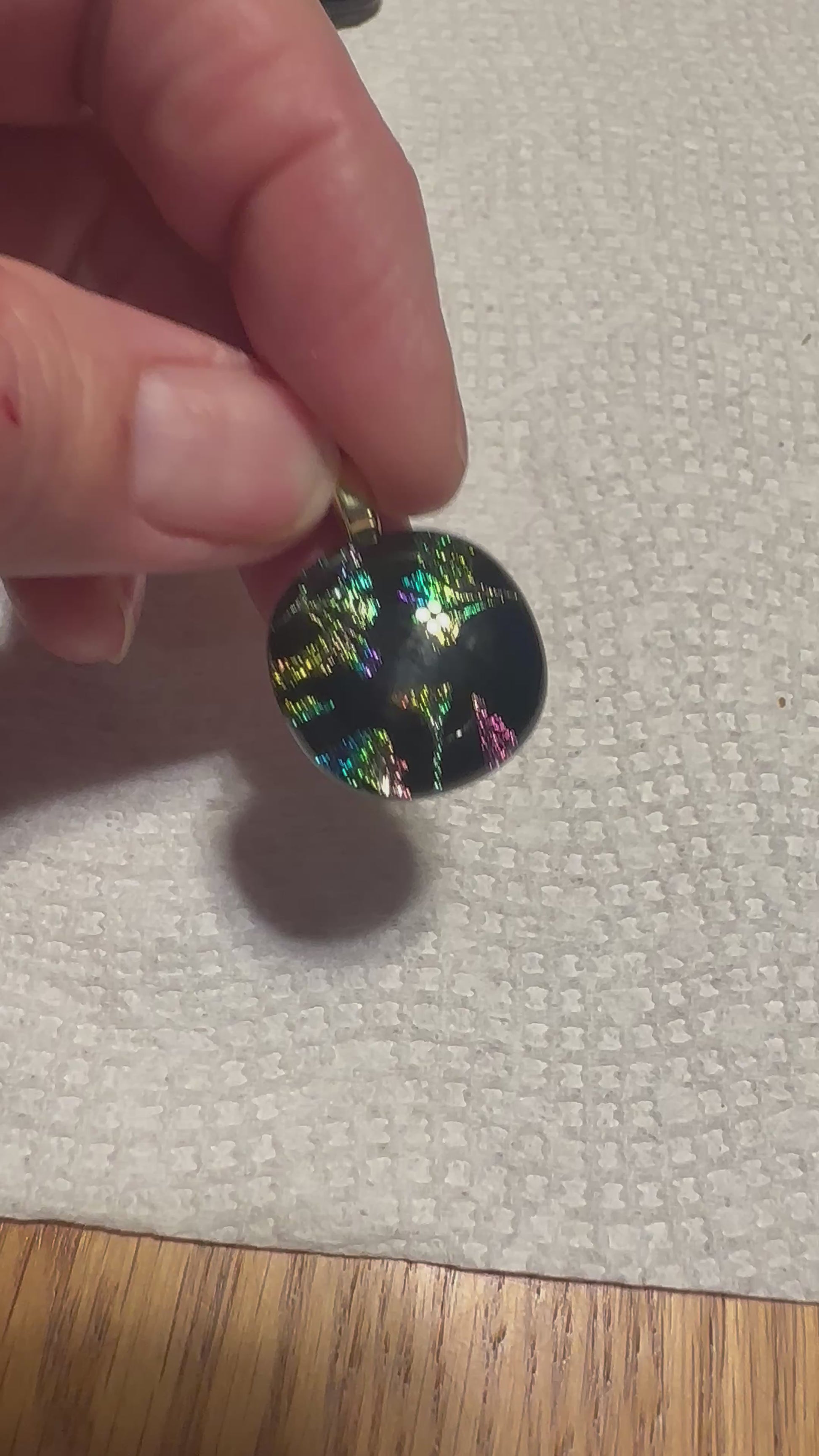 Shimmering Ginkgo Elegance Multicolored Dichroic Glass Pendant Pendant with Iridescent Glow set in Gold over Silver Bales with silky rope