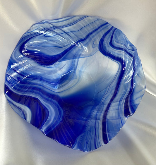 Fused Glass White, Cobalt Blue Clear Wavy Bowl Handmade Art Glass Catchall or Centerpiece, Vibrant Decorative Dish with Flowing Edges, Boho
