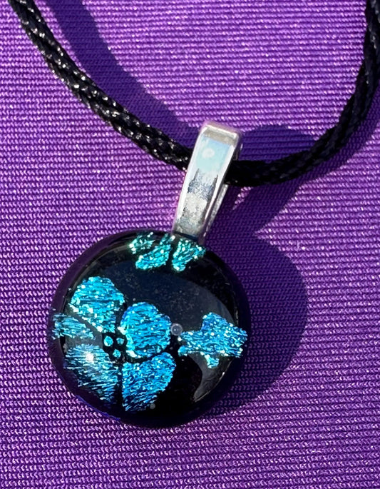 Handmade Dichroic Glass Flower Pendant-Shimmering Blue on Black, Unique Jewelry, Elegant & Eye Catching Gift for Any Occasion. Gift for Mom.