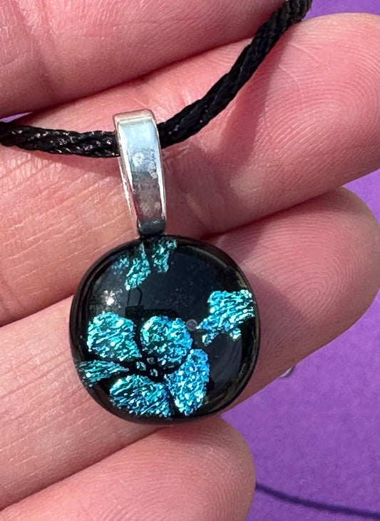 Handmade Dichroic Glass Flower Pendant-Shimmering Blue on Black, Unique Jewelry, Elegant & Eye Catching Gift for Any Occasion. Gift for Mom.
