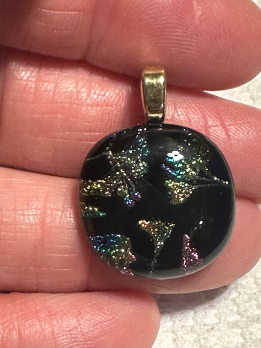 Shimmering Ginkgo Elegance Multicolored Dichroic Glass Pendant Pendant with Iridescent Glow set in Gold over Silver Bales with silky rope