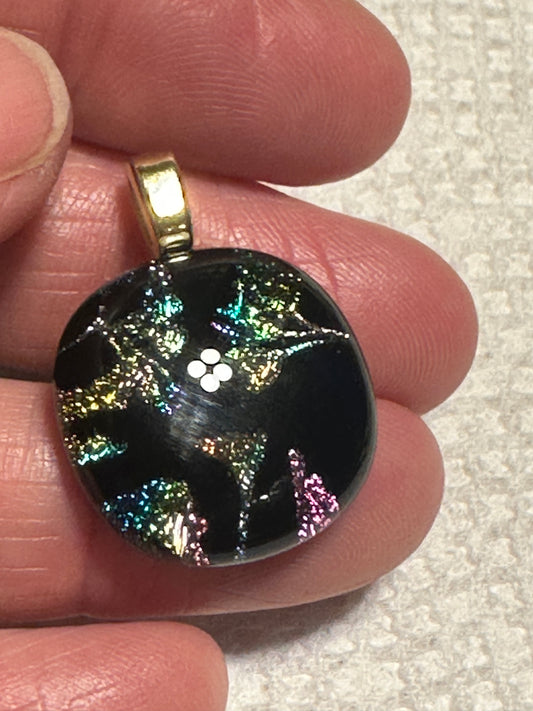 Shimmering Ginkgo Elegance Multicolored Dichroic Glass Pendant Pendant with Iridescent Glow set in Gold over Silver Bales with silky rope