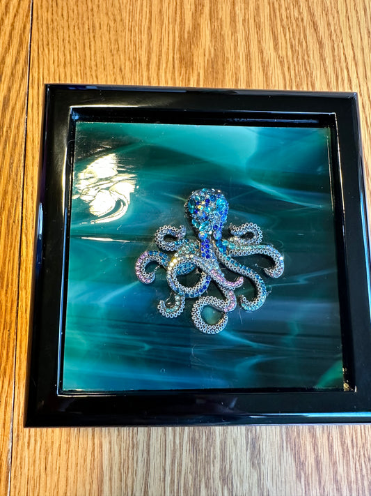 Handcrafted Black Enamel Wooden Box with Green Fused Glass and Sparkling Octopus Nautical Jewelry or Keepsake Storage Box