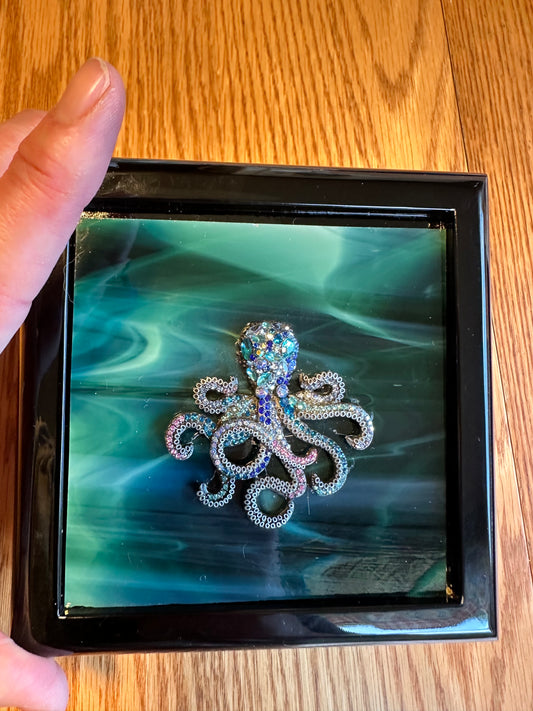 Handcrafted Black Enamel Wooden Box with Green Fused Glass and Sparkling Octopus Nautical Jewelry or Keepsake Storage Box