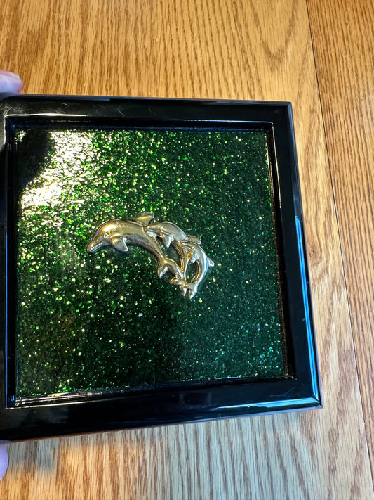 Handcrafted Black Enamel Wooden Box with Green Fused Glass and Gold Dolphin Accents - Unique Jewelry or Trinket Box