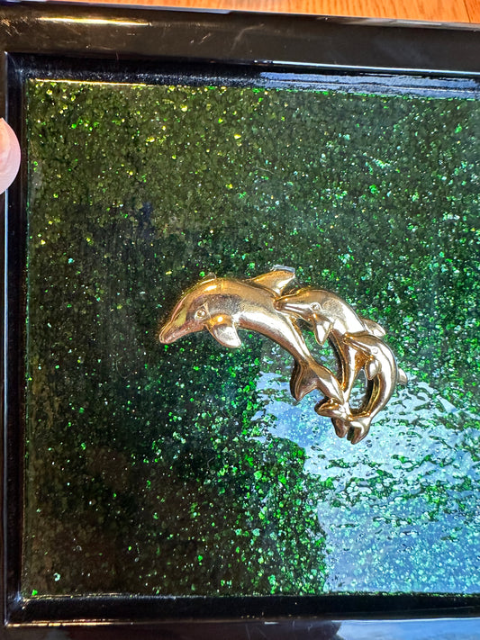 Handcrafted Black Enamel Wooden Box with Green Fused Glass and Gold Dolphin Accents - Unique Jewelry or Trinket Box