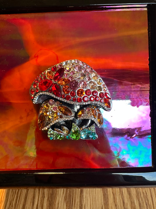 Handcrafted Black Enamel Wooden Box with Inlaid Red Fused Glass and Jeweled Mushrooms - Velvet lined Trinket or Jewelry Storage Box