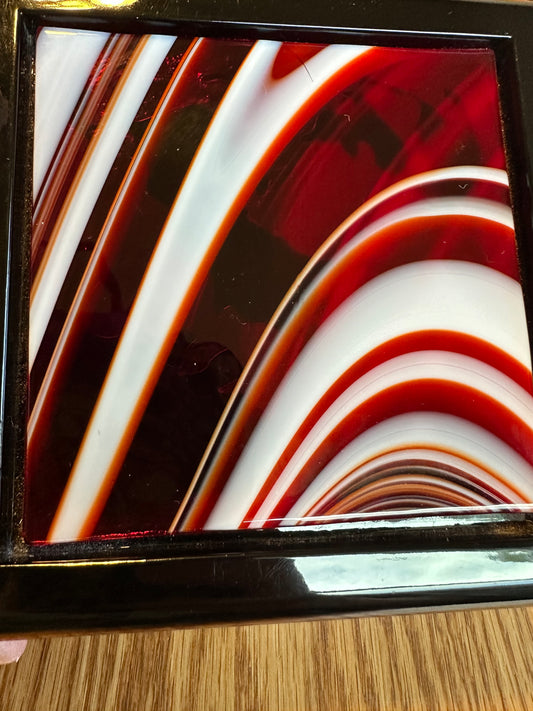 Handcrafted Black Enamel Wooden Box with Inlaid Red and White Fused Glass - Velvet lined Trinket or Jewelry Storage Box
