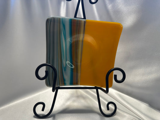 Handmade Orange and Swirled Multicolored Glass Plate Modern Art Glass Tray, Vibrant Square Dish Unique Decorative or Serving Plate Mom Gift