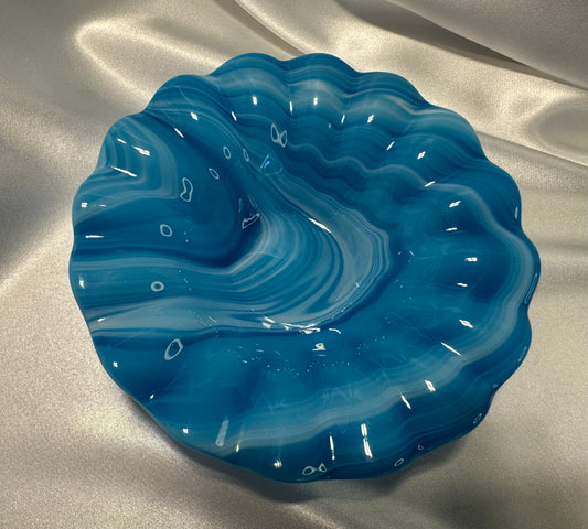 Handmade Blue Fused Glass Bowl Wavy Rippled Edge Art Glass Dish Ocean inspired decorative Centerpiece Bowl Gift for Mom Gift for Home