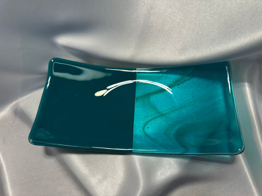 Handmade Turquoise Glass Platter, Rectangular Fused Glass Dish Modern Coastal Decor Tray Unique Serving or Vanity Plate Gift For Mom