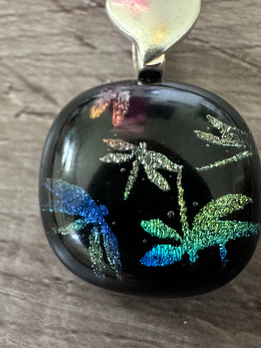 Shimmering Dragonflies Pendant with multicolored dichroic glass, iridescent glow, gold plated finding.Sparkles in the light, includes cord