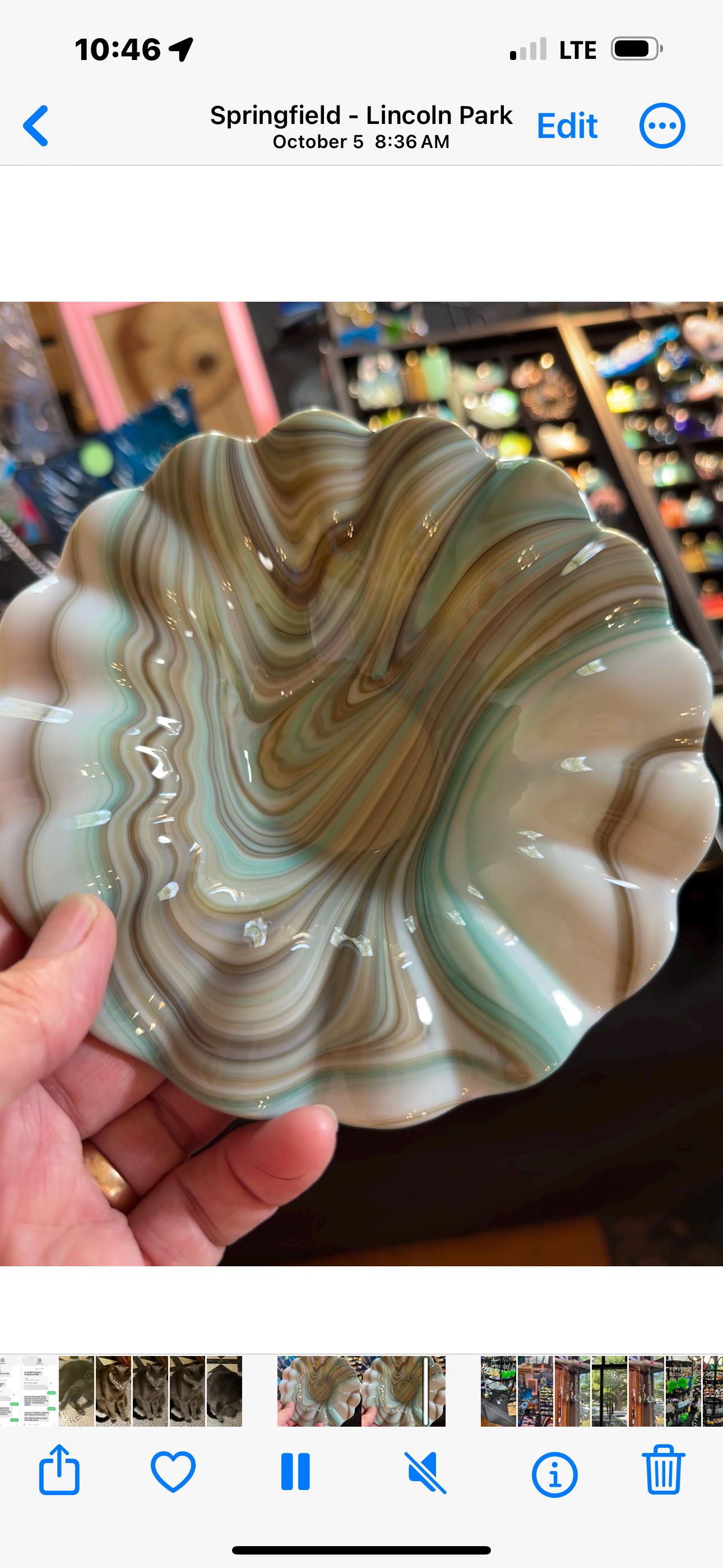 swirled bowl, fluted edges, Tan, turquoise, and white Ruffled Edge Bowl