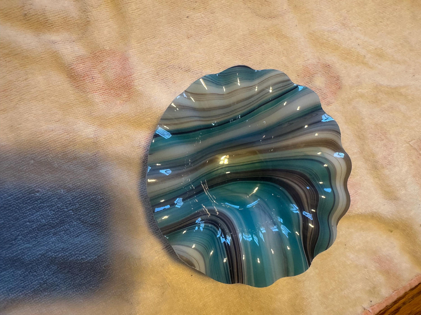 swirled bowl, Tan, turquoise, and white Ruffled edge bowl, trinket dish