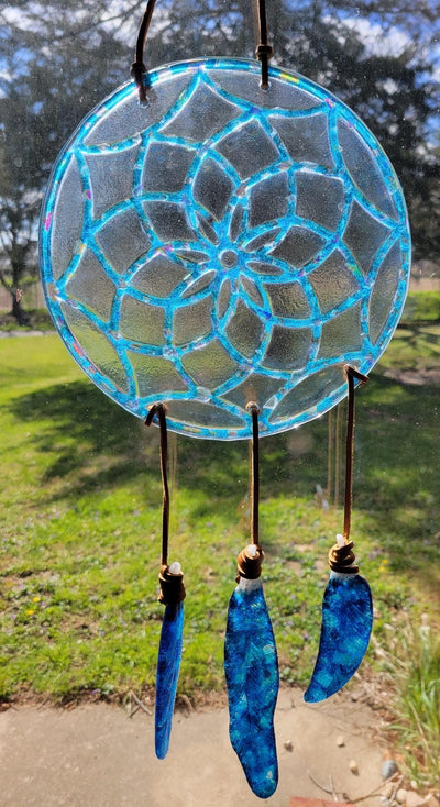 Turquoise with Dichroic Glass Dream Catcher, Handmade Window Decor, Bohemian Art, Unique Gift, Bedroom Decor, Boho Style, Artisan Gift