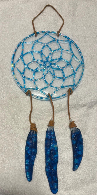 Turquoise with Dichroic Glass Dream Catcher, Handmade Window Decor, Bohemian Art, Unique Gift, Bedroom Decor, Boho Style, Artisan Gift