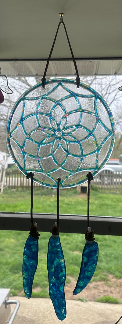 Turquoise with Dichroic Glass Dream Catcher, Handmade Window Decor, Bohemian Art, Unique Gift, Bedroom Decor, Boho Style, Artisan Gift