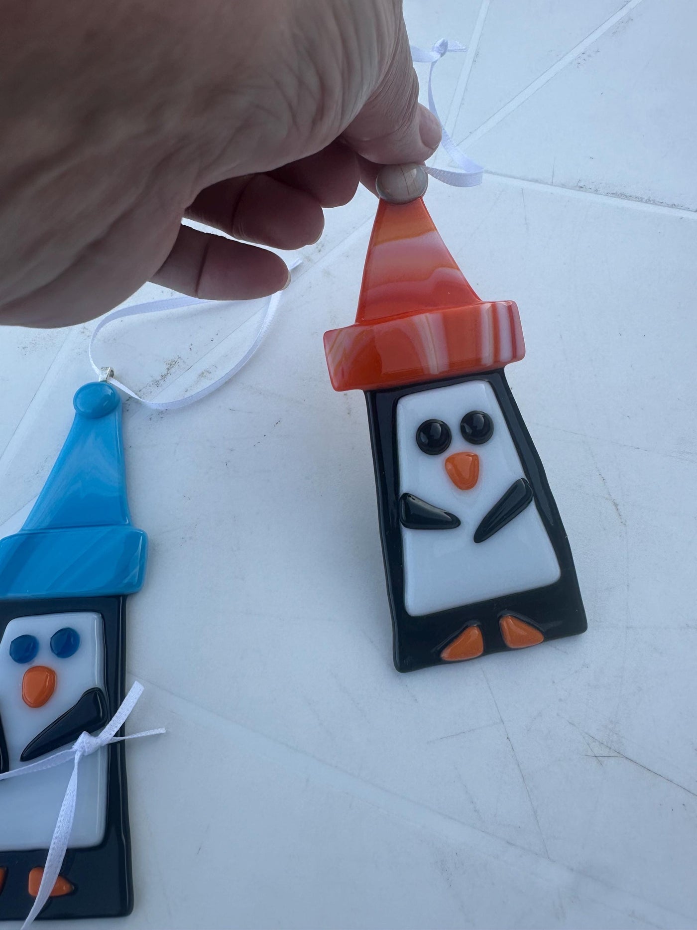 fused glass penguins, ornament, sun catcher, office decoration, orange, Penguin Art, Office Decor, Animal Lover, Home Accent, Handmade