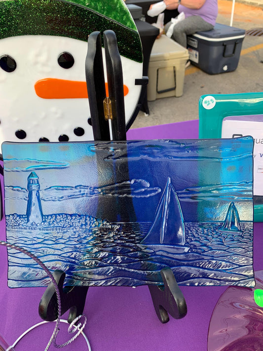 sail boats blue texture window hanging, fused glass, turquoise color, Light house, Beach Decor