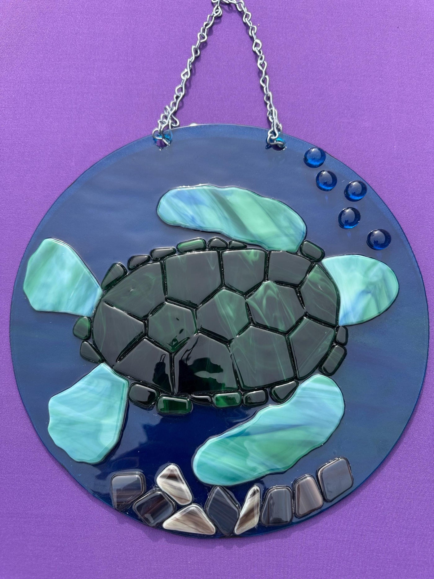 Underwater View Green Turtle, Hand Crafted Decor, Bubbles and Rocks, Handmade, Beach Decor