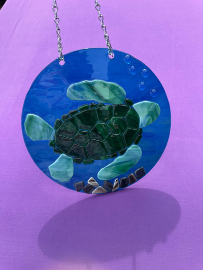 Underwater View Green Turtle, Hand Crafted Decor, Bubbles and Rocks, Handmade, Beach Decor