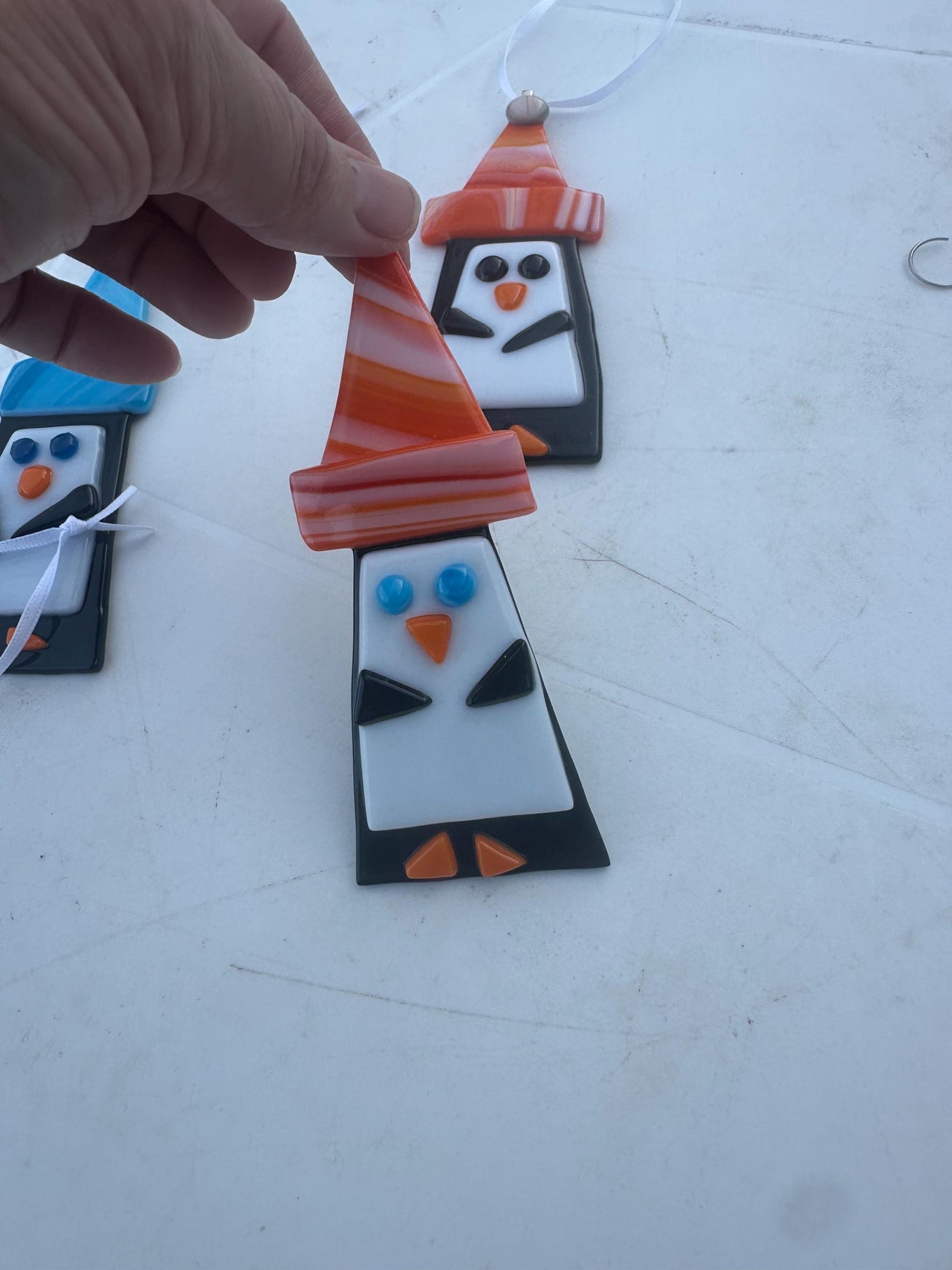 fused glass penguins, ornament, sun catcher, office decoration, orange, Penguin Art, Office Decor, Animal Lover, Home Accent, Handmade