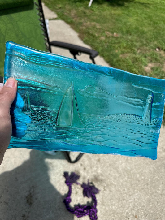sail boats blue texture window hanging, fused glass, turquoise color, Light house, Beach Decor