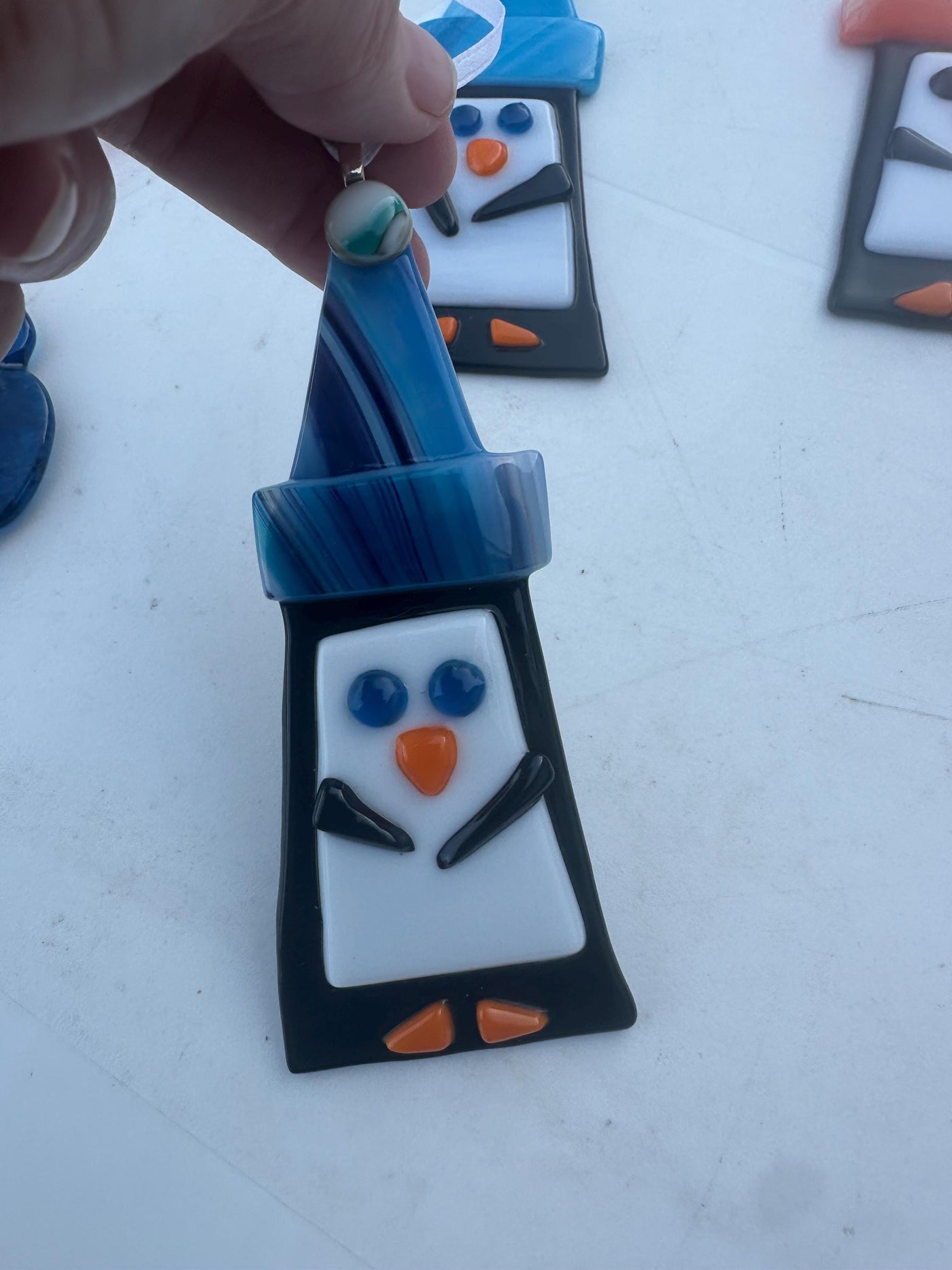 penguins blue fused glass ornament or sun catcher, Penguin Lover Gift, Blue Eyed Penguin, Handmade Winter Hat, Makes me smile, Animal Lover