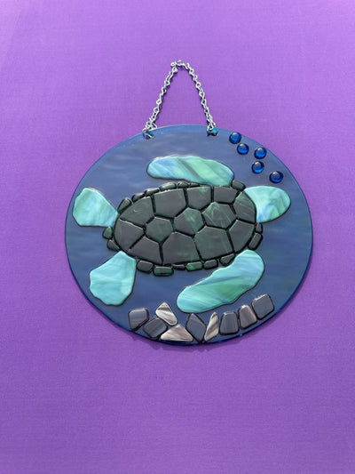 Underwater View Green Turtle, Hand Crafted Decor, Bubbles and Rocks, Handmade, Beach Decor