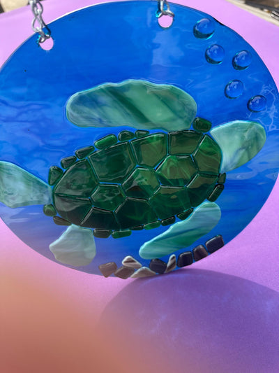 Underwater View Green Turtle, Hand Crafted Decor, Bubbles and Rocks, Handmade, Beach Decor