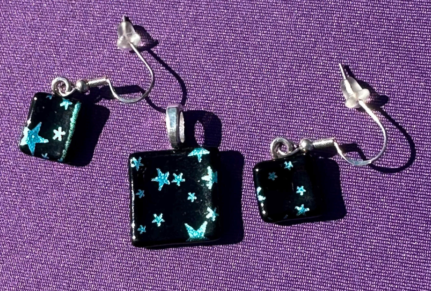 Blue Star Jewelry Set, Pendant and Earrings,Handmade Set, Silky Rope Necklace, Blue Dichroic Earrings and Pendant set, Dichroic Glass