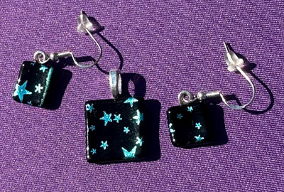 Blue Star Jewelry Set, Pendant and Earrings,Handmade Set, Silky Rope Necklace, Blue Dichroic Earrings and Pendant set, Dichroic Glass