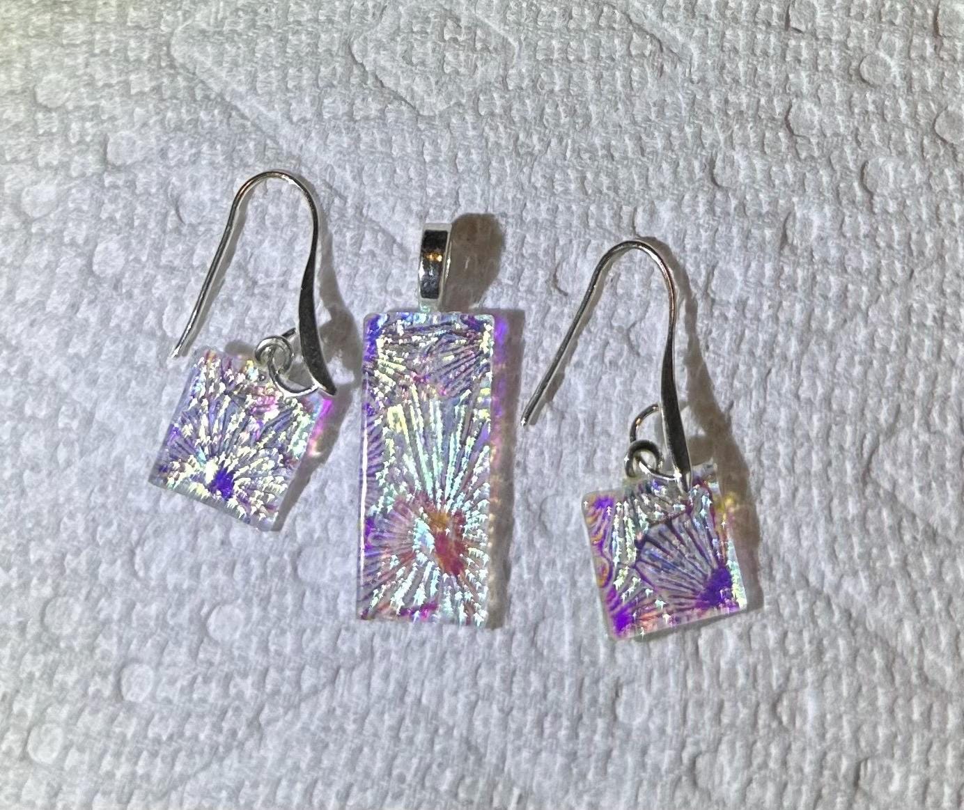 Clear Dichroic Jewelry Set, Pendant and Earrings Set, Handmade Art to Wear, Sparkling Necklace, Sparkling Earrings, Unique Gift, Gift forHer