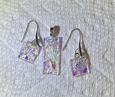 Clear Dichroic Jewelry Set, Pendant and Earrings Set, Handmade Art to Wear, Sparkling Necklace, Sparkling Earrings, Unique Gift, Gift forHer