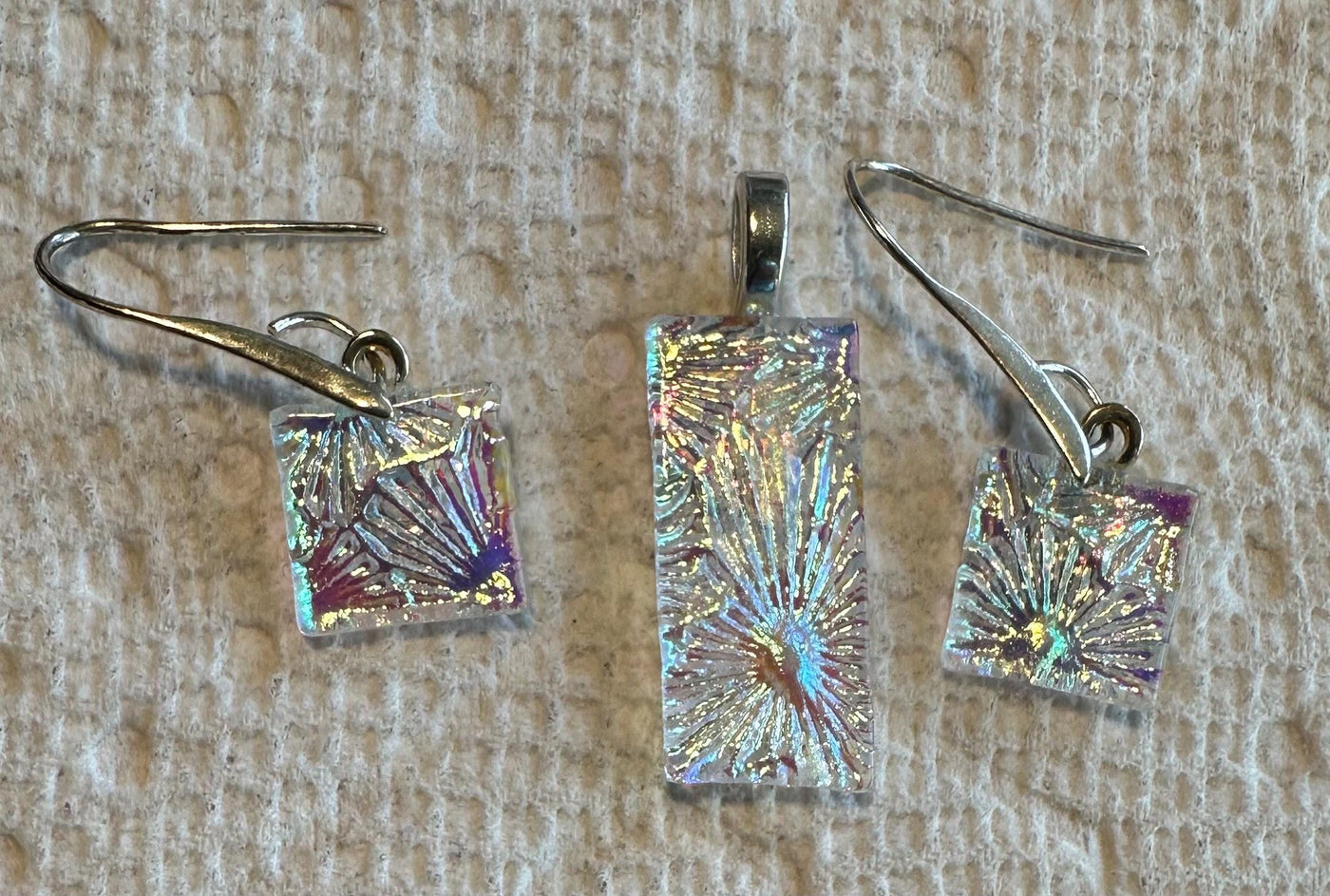 Clear Dichroic Jewelry Set, Pendant and Earrings Set, Handmade Art to Wear, Sparkling Necklace, Sparkling Earrings, Unique Gift, Gift forHer