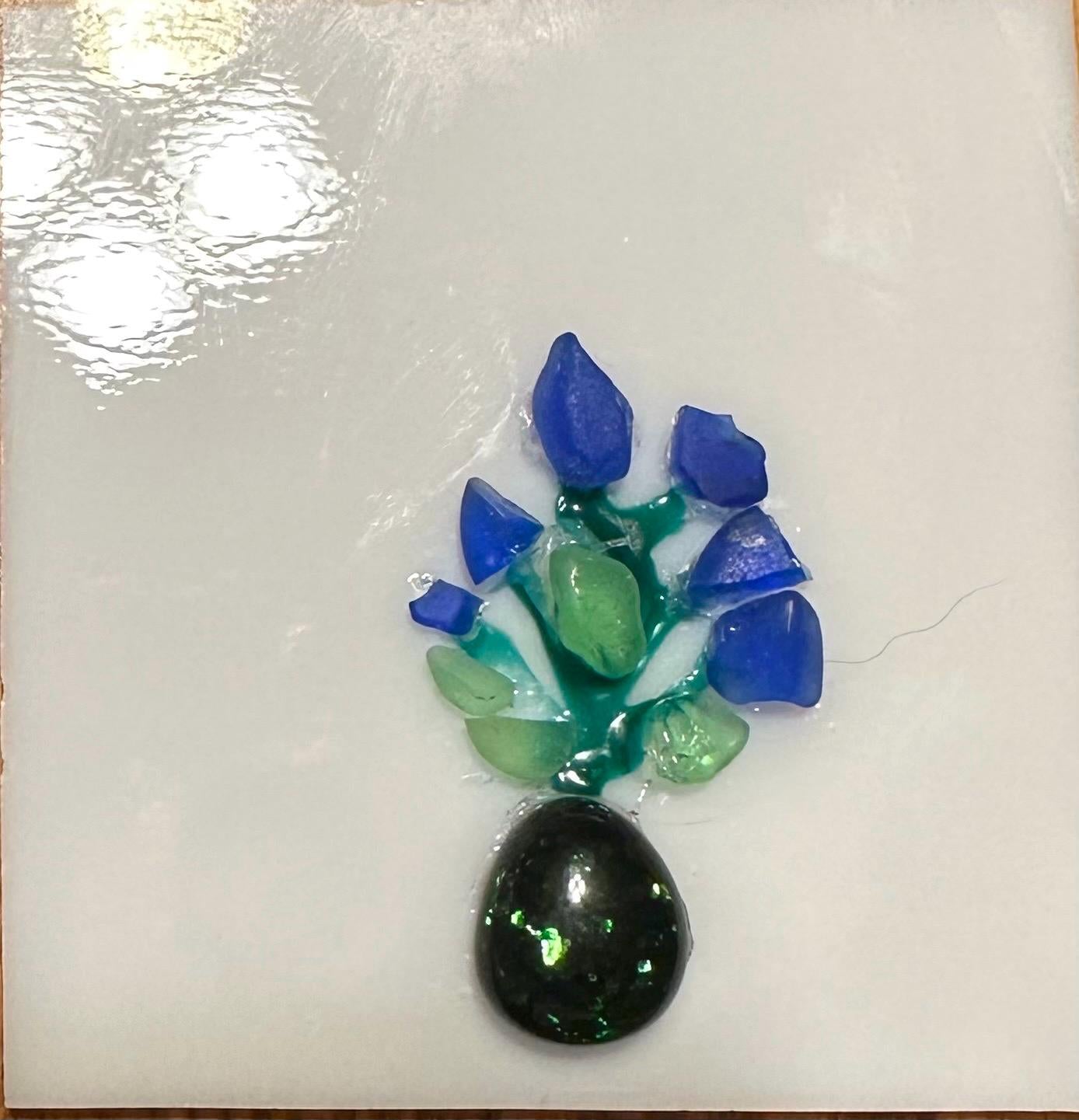 Blue Flowers, Sea Glass Art, Fused Glass Vase, Sea Glass Leaves, Fused Glass Vase, Bouquet Art, Reclaimed Nature Glass flowers. Nature Scene